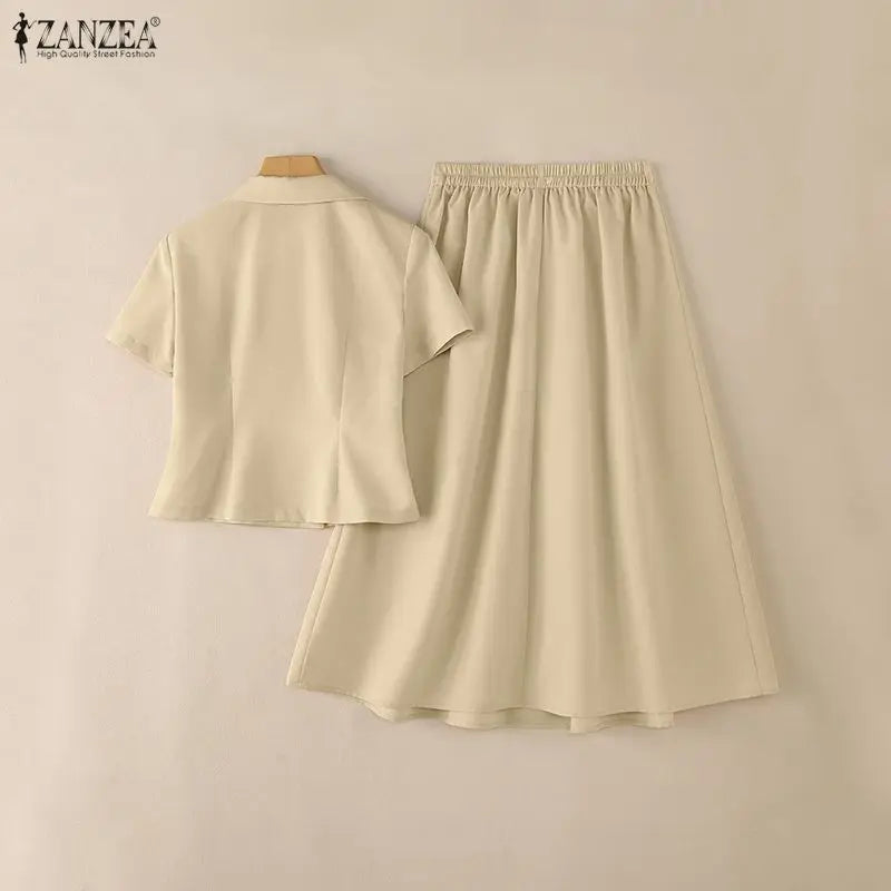ZANZEA Summer Office 2 Piece Sets Women Outfits 2026 Elegant Lapel Neck Short Sleeve Shirt Dress Suit Stylish OL Work Skirt Sets