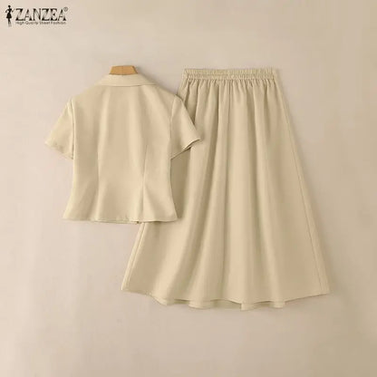 ZANZEA Summer Office 2 Piece Sets Women Outfits 2026 Elegant Lapel Neck Short Sleeve Shirt Dress Suit Stylish OL Work Skirt Sets