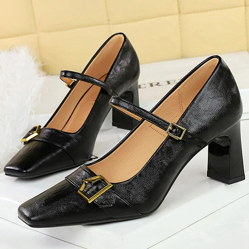 BIGTREE Shoes Metal Belt Buckle Women Pumps Square Head High Heels Thick Heeled Shoes With Women Heels 7 CM Retro Ladies Pumps