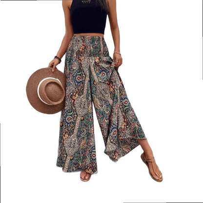 Bohemian Wide Leg Pants Retro Colorful Print High Waist Loose Casual Trousers Boho Palazzo Pants