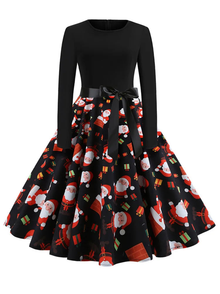 Music Note Print Elegant Party Dress Women Retro Vintage Casual Spring Autumn Midi Dresses