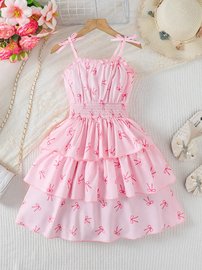 Girls Butterfly Knot Patterned Strap Dress Summer Children's Fashion Comfortable Versatile Outdoor Scene Suitable Dress