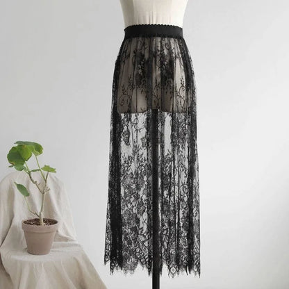 Fashion Transparent Sexy Lace Mesh Skirt Elegant Lace Long Tulle Skirt Ladies Elastic High Waist Womens Skirt Ladies