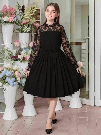 Girls Velvet Lace Outfit Long Sleeve Dress Black One-Piece Outdoor Party Holiday Suitable Autumn Winter Children's Clothing
