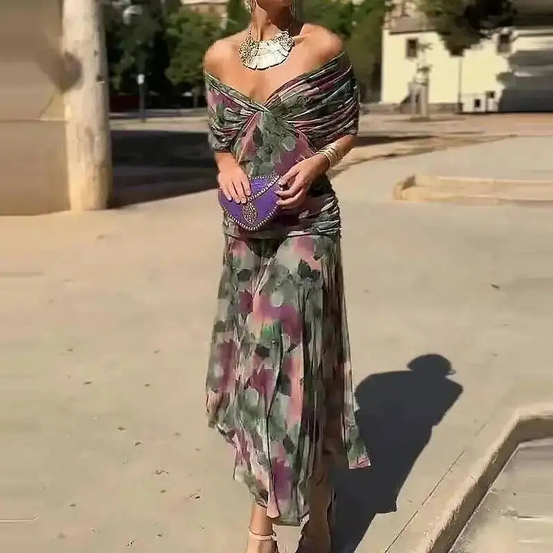 Floral Print High Waist Pleat Party Dress Elegant Women Bat Sleeve Swing Party Dress Female Chest Low Cocktail A-Line Dress HPSW