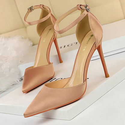 BIGTREE Shoes Satin With Shallow Pointed Women Pumps Buckle High Heels Female Shoes Stiletto Heels Sandals Sexy Party Shoes