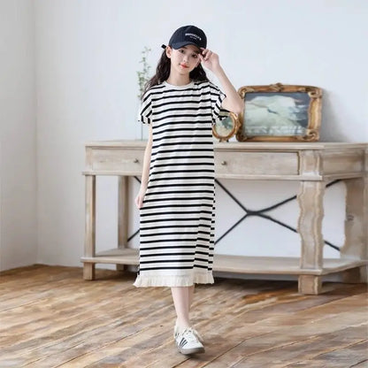Casual Dress Short Sleeve Striped T-shirt Skirt Sunday Luxury Girl Frock for Girls 2025 Summer Clothes Girls' Beach Dresses Kids