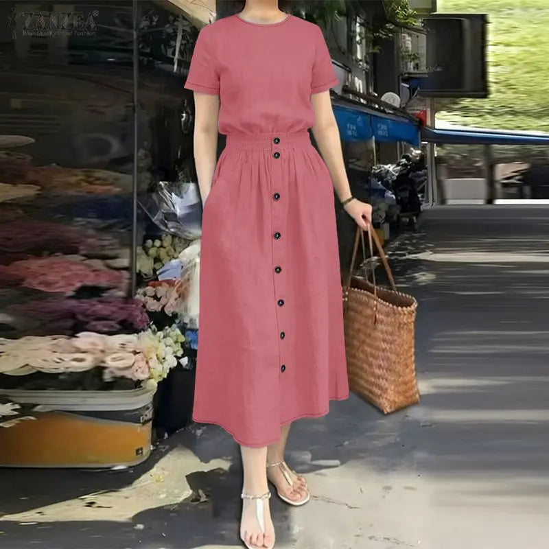 ZANZEA 2026 Summer Outfits Women Dress Sets Short Sleeve Blouse Sundress Suit Elegant 2 Piece Sets Casual Solid Color Tracksuit