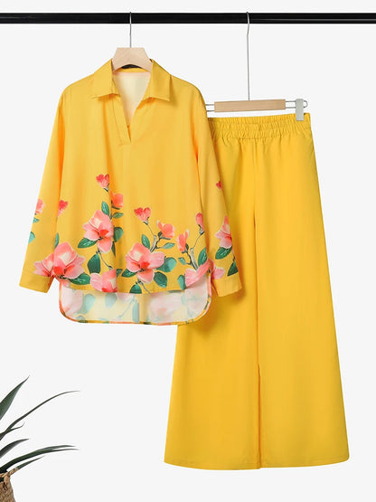 ZANZEA 2025 Autumn Outfits Women Stylish Printed Matching Sets Casual Long Sleeve Tops Wide Leg Pant Sets Fashion Work Tracksuit