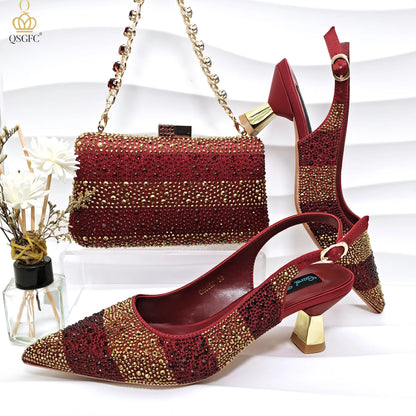 2026 Nigerian Women Heel Ladies Italian Luxury Design Green Shoes And Bag Set Decorated with Rhinestone Handbag Wedding Party