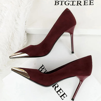 BIGTREE Shoes Leopard Women Pumps Stilettos Heels 9.5 cm Suede High Heels Metal Pointed Tip Women Heels Sexy Party Shoes ﻿Femal