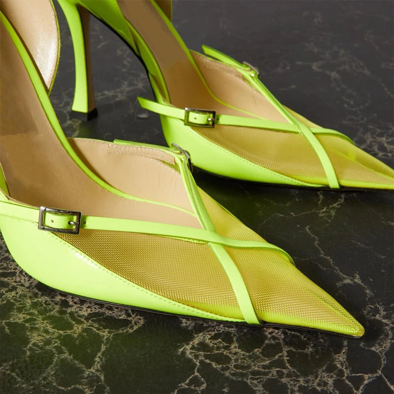 Fluorescent High Heels 2024 Summer European and American New Mesh Pointed Sexy Thin Heels with Hollow Single Shoes for Women