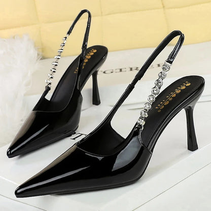 BIGTREE Shoes Rhinestone Chain Design High Heels Sexy Pointed Tip Women Pumps Stiletto Heels 8 cm Summer High-heeled Sandals