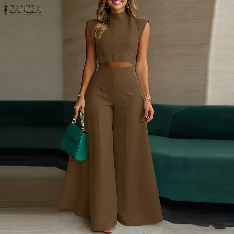 ZANZEA Women's Elegant Pant Suits Wide Leg Pant & Stand Collar Crop Top 2 Pieces Sets Minimalist Fashion Outfits Streetwear