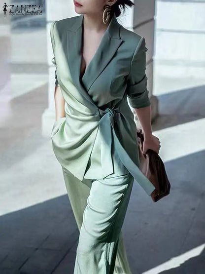 2023 ZANZEA Women Suit Autumn 2CPS Long Sleeve Lapel Blouse Causal Wide Leg Pants Sets Elegant Lady Office Blazer Matching Sets