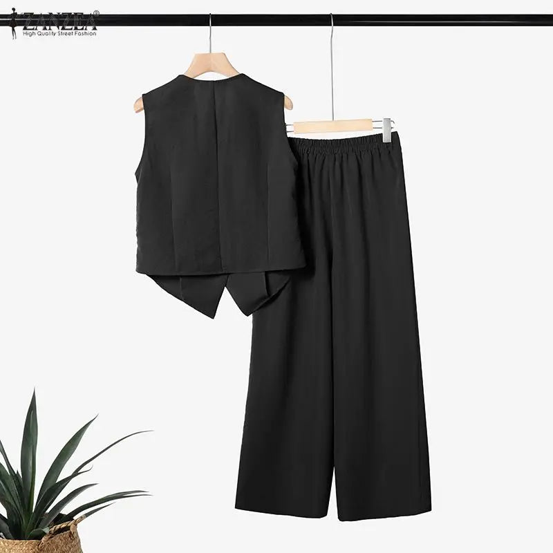 2026 ZANZEA Elegant Sleeveless Tank Tops Wide Leg Pant Sets Summer Women 2 Pieces Sets Elegant Solid OL Work Outfits Tracksuit