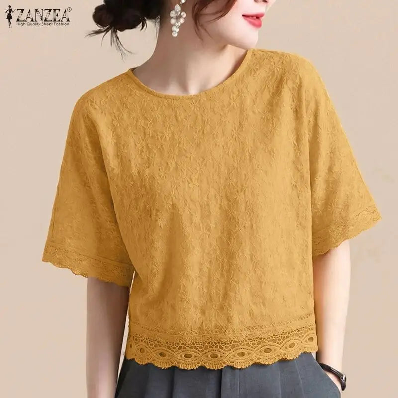 ZANZEA Women Bohemian Lace Patchwork Blouses Loose O-Neck Half Sleeve Solid Color Tops 2026 Summer Daily Casual Blusas de Mujer