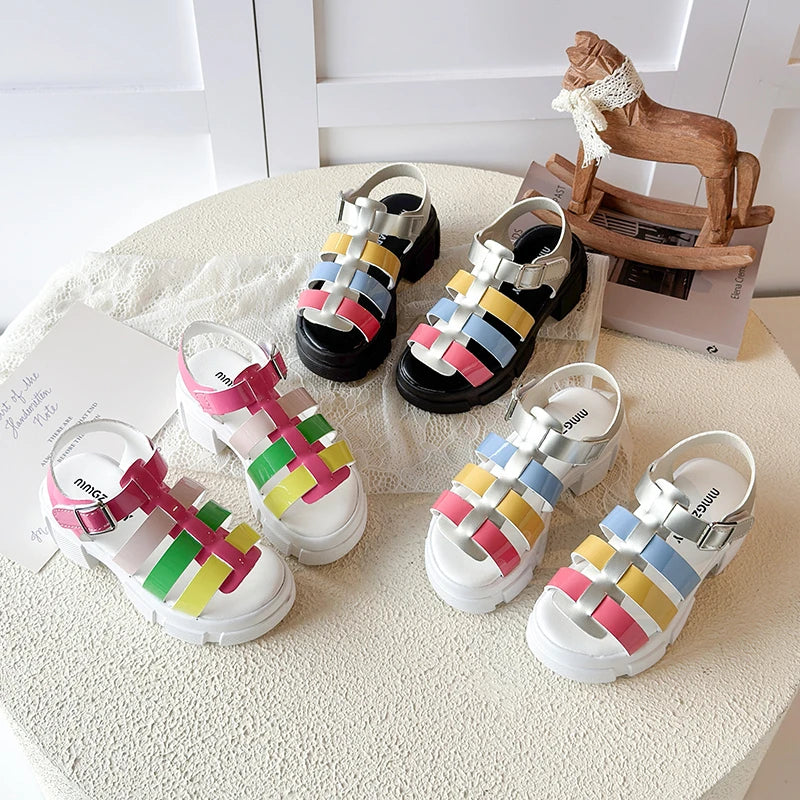 Girls Colorful Woven Platform Sandals Kids Chunky Heel Roman Open Toe Casual Shoes for Toddler Little Kid Fashion Beach Sandals