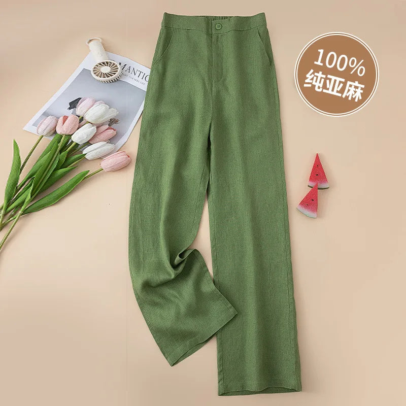 Women's 100% Pure Linen Wide-Leg Pants Loose Drape Ankle Length Summer Thin Straight-Cut Casual Trousers