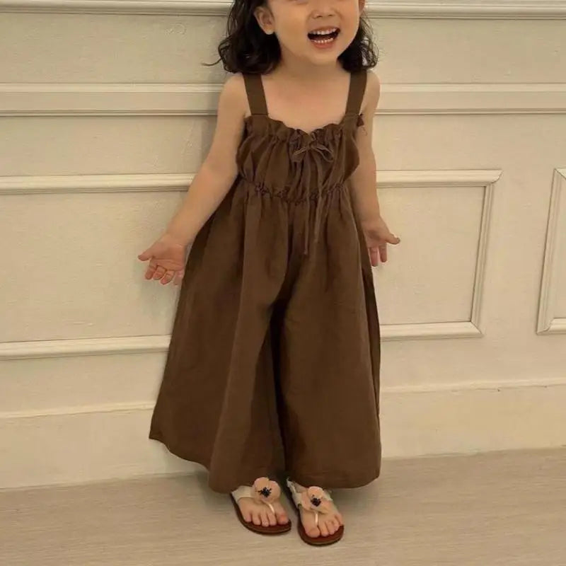 2026 Summer New Girls Jumpsuit Loose Children Wide Leg Pants Cotton Baby Girls Sling Pants Fashion Kids Clothes