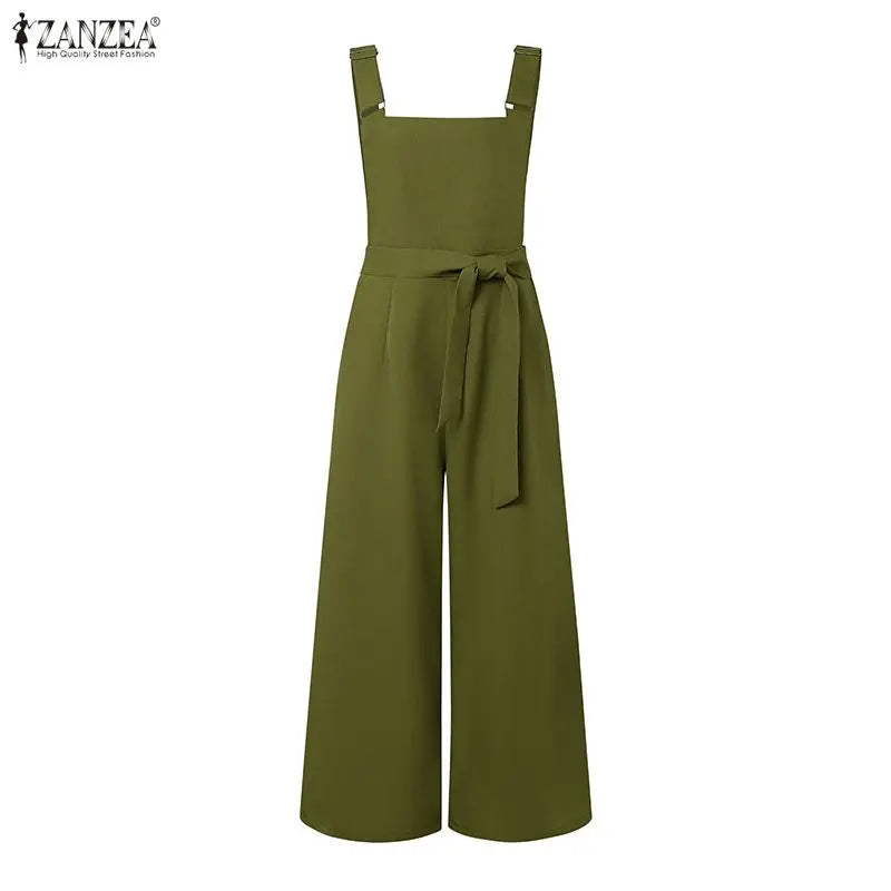 ZANZEA Elegant Wide Leg Bib Jumpsuits with Adjustable Suspender Strap & Detachable Sash, Summer Women Casual Overalls Streetwear