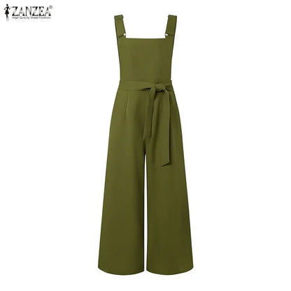 ZANZEA Elegant Wide Leg Bib Jumpsuits with Adjustable Suspender Strap & Detachable Sash, Summer Women Casual Overalls Streetwear