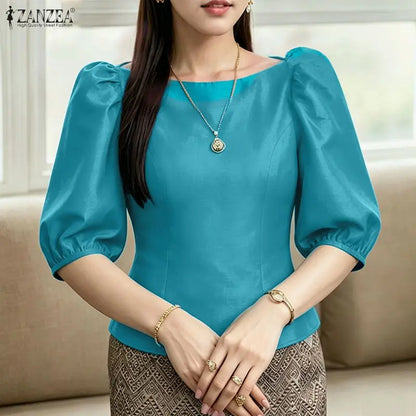 ZANZEA Woman Elegant Satin Blouses Boat Neck Puff Sleeves Princess Seams Solid Color Crop Tops Summer Graceful Party Blusa Mujer