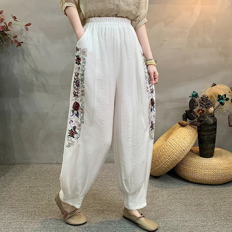 Fashionable Cotton And Linen Lantern Pants For Women's Daily Wear, Plus Size Casual Loose Elastic Waist Pants, High-quality