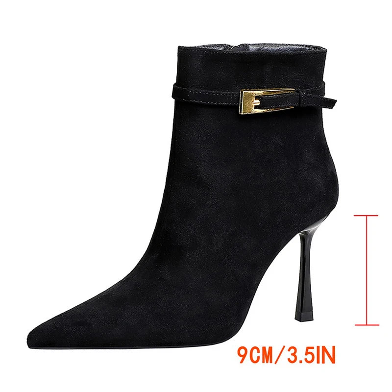 Fashion Sexy High-Heeled Boots Women Shoes Belt Buckle Side Zipper Ladies Ankle Boots Pointed Suede Women Boots Stilettos 9 cm