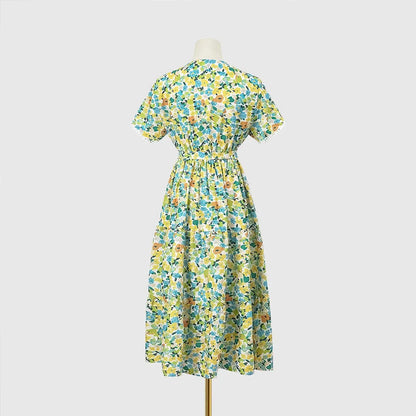 Women's Retro Floral Lace-up Short Sleeves Dresses 2025 Summer New Casual Vacation Ladies Lace V-neck Slit A-line Midi Dress