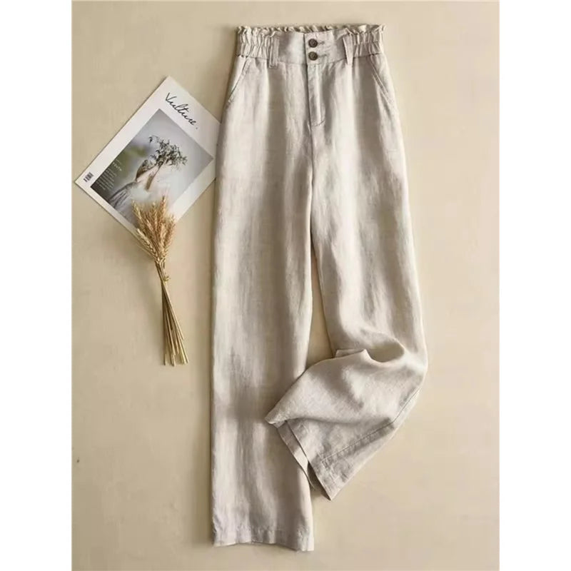Grey Linen Wide Leg Pants Women's High Waist Drapey Loose Casual Cotton Linen Pants Flower Bud Waist Flax Straight Long Pants