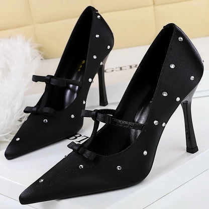 BIGTREE Shoes Women Pumps Rhinestone Design High Heels Satin Bowknot Women Heels Stiletto 9.5cm Sexy Party Shoes Banquet Shoes