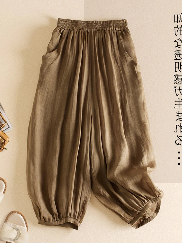 Summer Casual Cotton Linen Double Layer Lantern Pants Loose Elastic Waist Pure Color Wide Leg Harem Trousers for plus Size Women