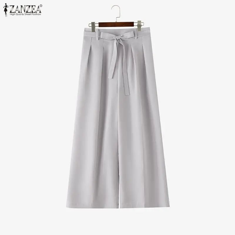ZANZEA Summer Autumn Wide Leg Pants Women Long Trousers Fashion Solid Color Bottoms Streetwear Belt Pant Oversize S-3XL