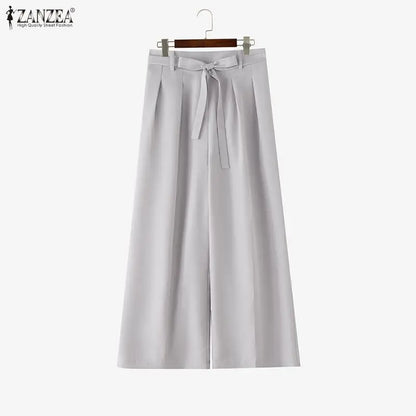 ZANZEA Summer Autumn Wide Leg Pants Women Long Trousers Fashion Solid Color Bottoms Streetwear Belt Pant Oversize S-3XL