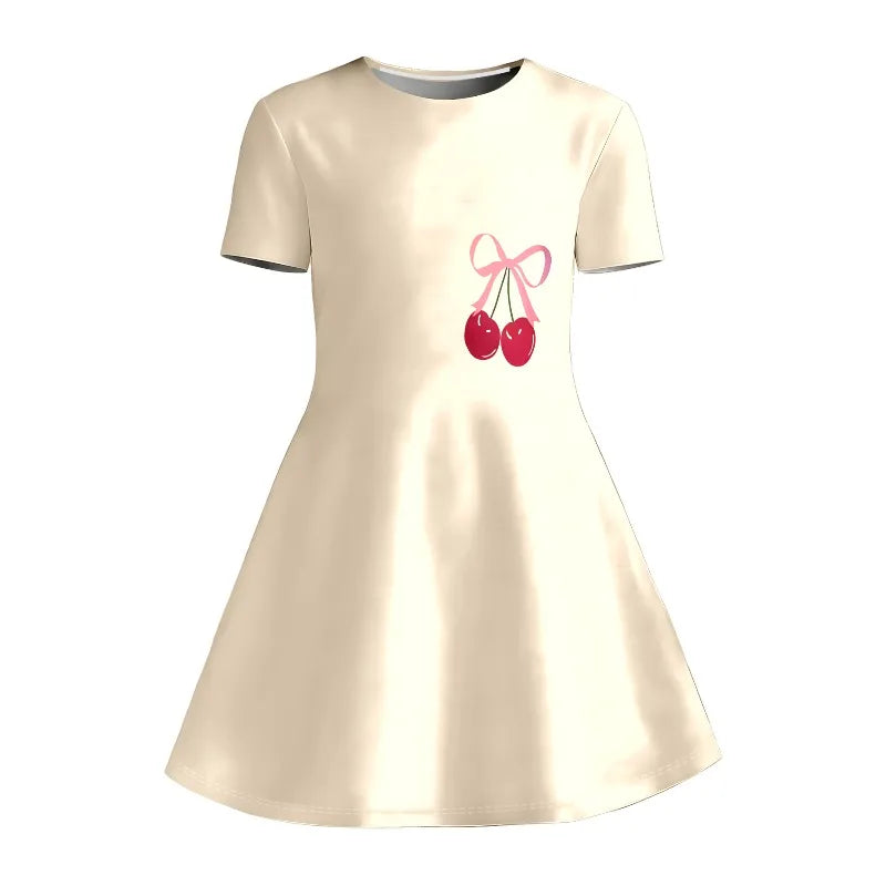 Little Girls 3 Styles Cherry Cartoon Rabbit Capybara Print Round Neck Short Sleeve A-Line Kids Summer Flared Swing Dress