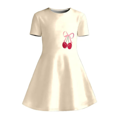 Little Girls 3 Styles Cherry Cartoon Rabbit Capybara Print Round Neck Short Sleeve A-Line Kids Summer Flared Swing Dress
