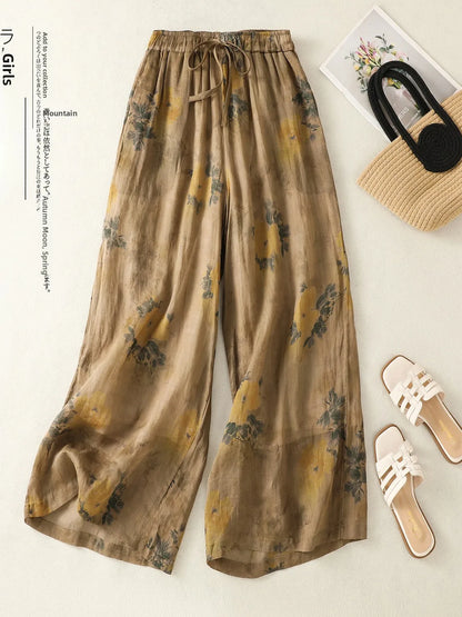 High Waist Wide Leg Pants Women's Casual Floral Print Artistic Versatile Cotton Linen Spring Autumn Season Pear Shaped Body Type