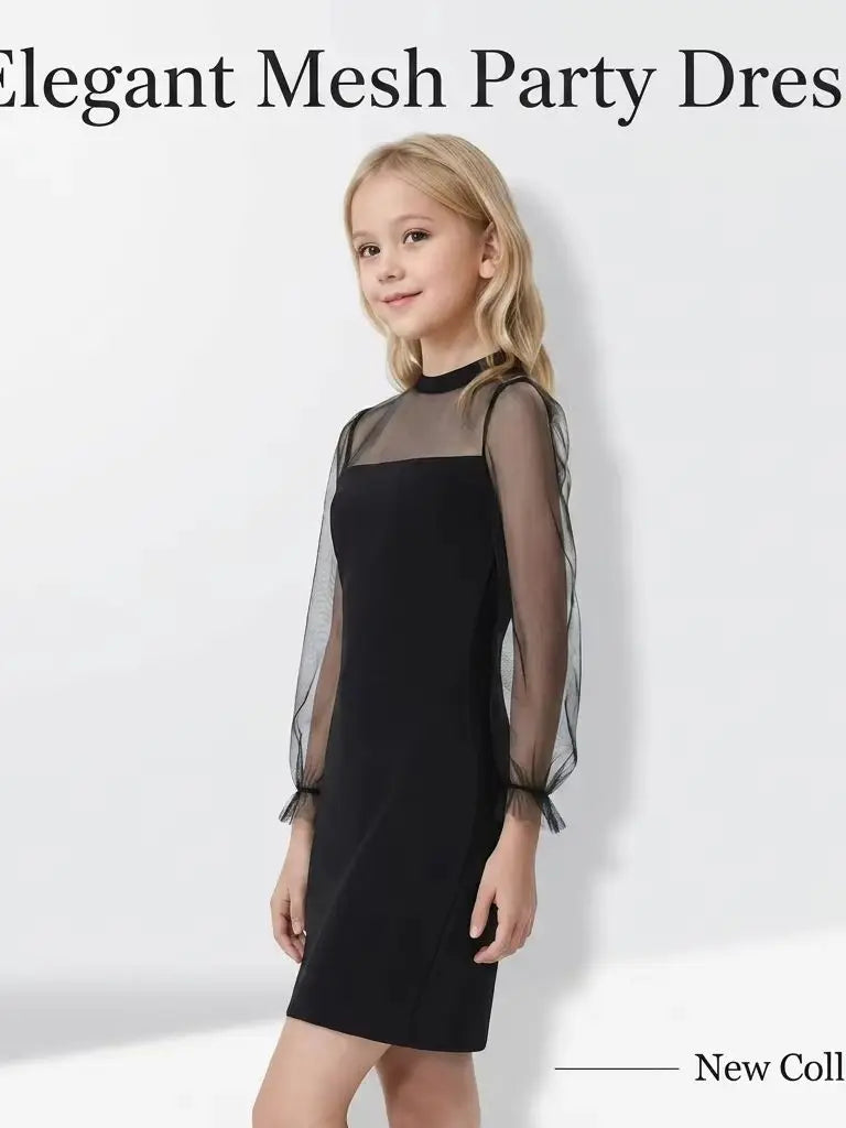 Summer 7-14 Years Girl's Black Sheer Mesh Spliced Mock Neck Long Sleeve Bodycon Dress for Party Daily Formal Casual Kids Elegant