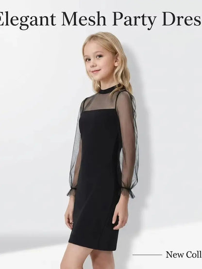 Summer 7-14 Years Girl's Black Sheer Mesh Spliced Mock Neck Long Sleeve Bodycon Dress for Party Daily Formal Casual Kids Elegant