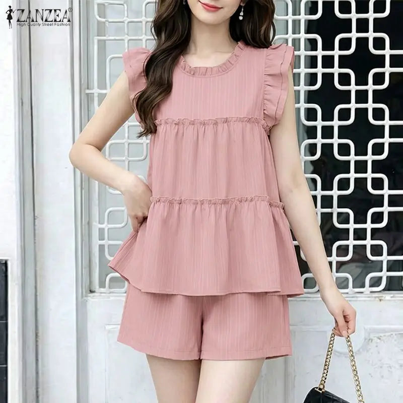 ZANZEA Summer Elegant Short Sleeve Ruffled Blouse Shorts Suit Stylish Women 2 Pieces Sets Holiday Outfit Tracksuit Matching Sets