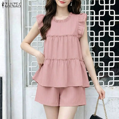 ZANZEA Summer Elegant Short Sleeve Ruffled Blouse Shorts Suit Stylish Women 2 Pieces Sets Holiday Outfit Tracksuit Matching Sets