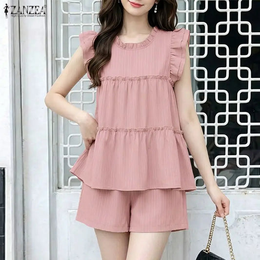 ZANZEA Summer Elegant Short Sleeve Ruffled Blouse Shorts Suit Stylish Women 2 Pieces Sets Holiday Outfit Tracksuit Matching Sets