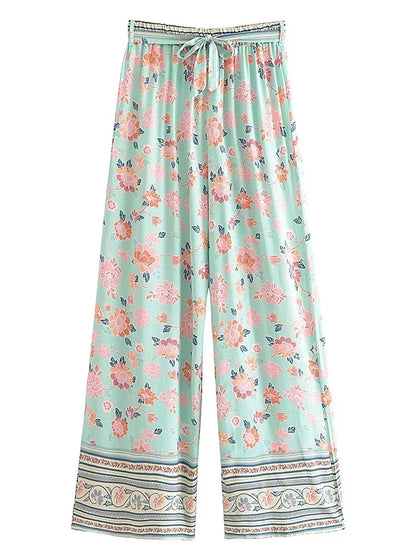 Vintage Chic Fashion Women Floral Print Wide Leg Bohemian Pants Lady Sashes Loose Rayon Boho Long Pant Trousers Streetwear