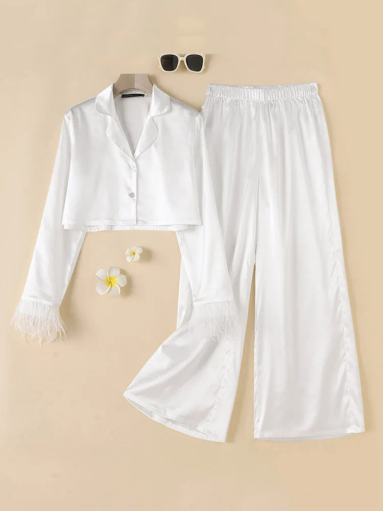 Fashion Tracksuit 2pcs Women Suit Spring Stylish Feather Patchwork Tops Pant Sets ZANZEA Female Party Outfits Work Matching Sets