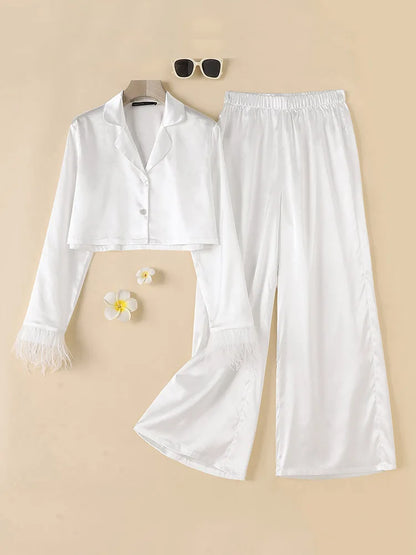 Fashion Tracksuit 2pcs Women Suit Spring Stylish Feather Patchwork Tops Pant Sets ZANZEA Female Party Outfits Work Matching Sets