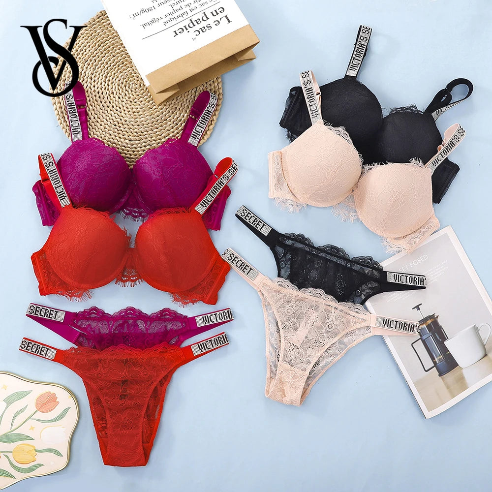 Victoria Secret Sexy Women Underwear Very Sexy Eyelash Lace Fringe Trim Push Up Bra Shine Script Thong Panty Set