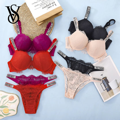 Victoria Secret Sexy Women Underwear Very Sexy Eyelash Lace Fringe Trim Push Up Bra Shine Script Thong Panty Set
