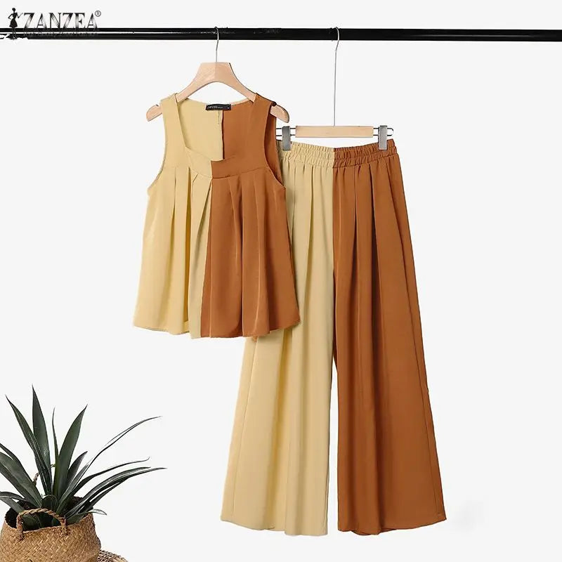ZANZEA Women Streetwear 2 Piece Pant Sets Color-Blocked Tank Tops & Wide Leg Pants 2pcs Suits 2026 Summer Casual Chic Outfits
