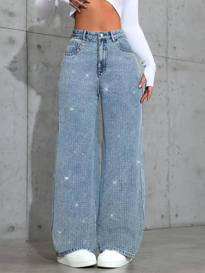 Womens Plus Size Loose Jeans Casual Straight Denim Pants Elastic Stretch Comfort Fit Decorated with Beaded Embroidery Jeans